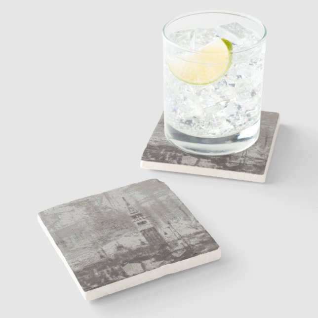 Taupe and Cyan Distressed Skyline Venice Italy Stone Coaster (Side)