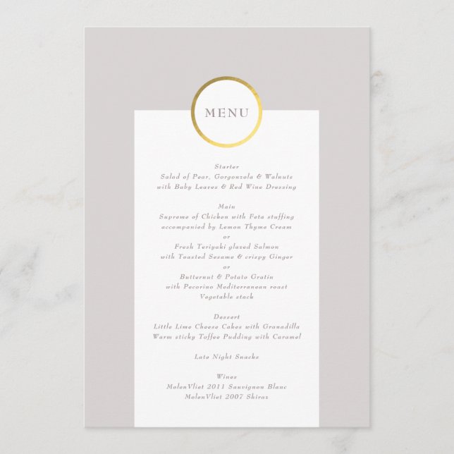 Taupe and Gold Foil Circle Monogram Wedding Menu (Front)