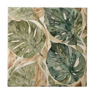 Taupe and Green Monstera Seamless Ceramic Tile