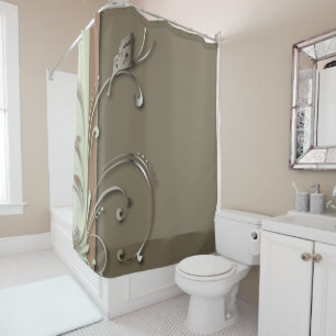 Taupe and Green with Swirly Vine & Butterfly Shower Curtain
