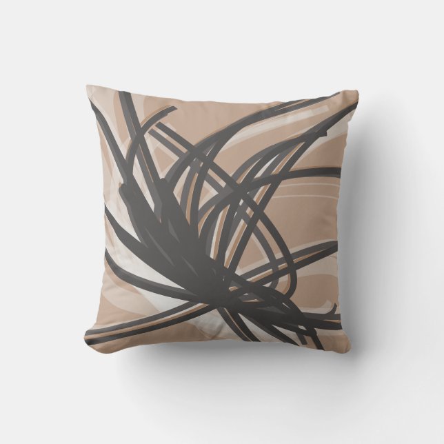 Taupe and Grey Artistic Abstract Ribbons Cushion (Front)