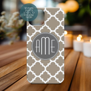 Taupe and Grey Quatrefoil Pattern Triple Monogram