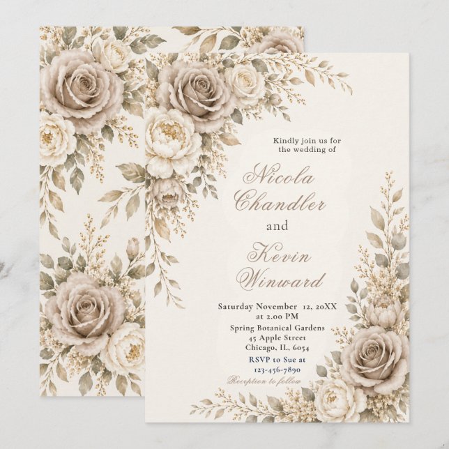 Taupe and Ivory Wedding Invitation (Front/Back)