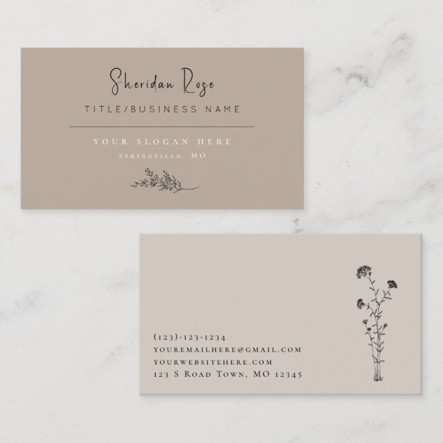 Taupe and Linen Botanical Sprig Business Card (Front/Back)
