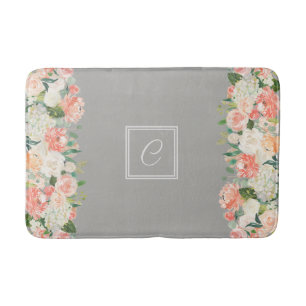 Taupe and Peach Watercolor Floral with Monogram Bath Mat