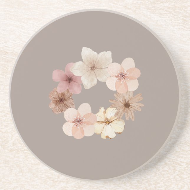 Taupe and Pink Floral Sandstone Coaster (Front)