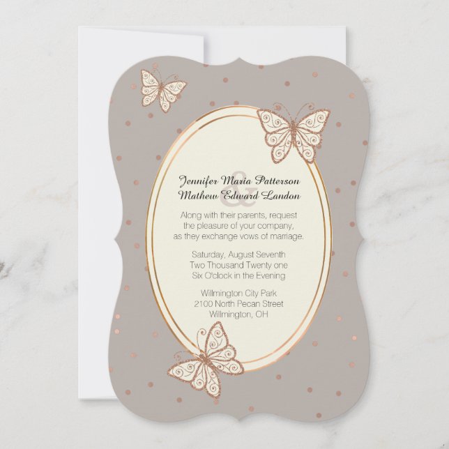 Taupe and Rose Gold Butterfly Wedding Invitation (Front)