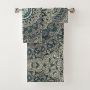 Taupe and Teal Mandala with Tribal Symmetry Bath Towel Set