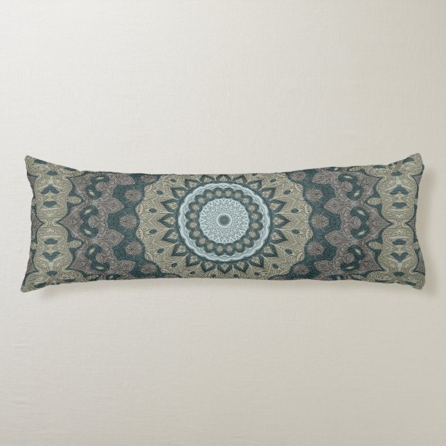 Taupe and Teal Mandala with Tribal Symmetry Body Cushion (Front)