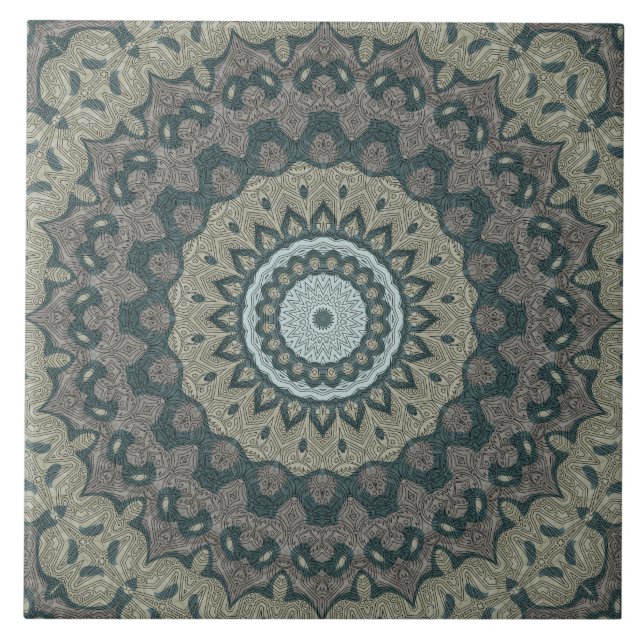 Taupe and Teal Mandala with Tribal Symmetry Ceramic Tile (Front)