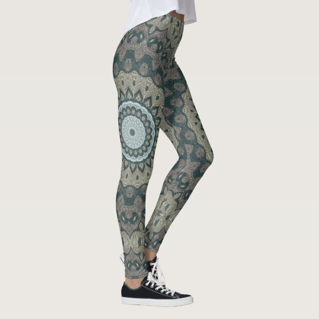 Taupe and Teal Mandala with Tribal Symmetry Leggings (Right)