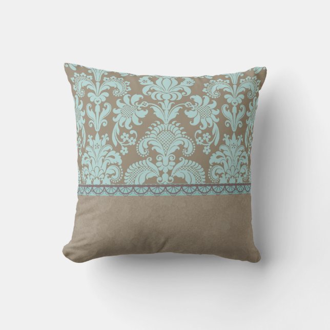 Taupe and Turquoise Damask Cushion (Front)