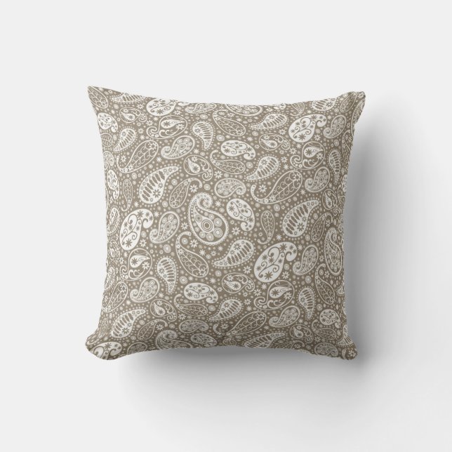 Taupe and White Paisley Throw Pillow (Front)