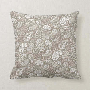 Taupe and White Paisley Throw Pillow