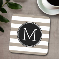 Taupe and White Striped Pattern Black Monogram