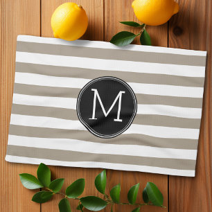 Taupe and White Striped Pattern Black Monogram Tea Towel