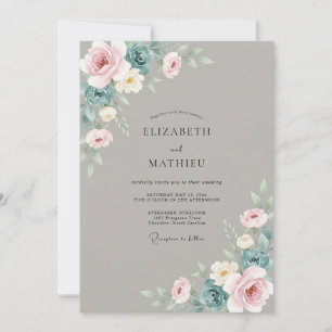 Taupe Azure Ranunculus Muted Eucalyptus Wedding Invitation