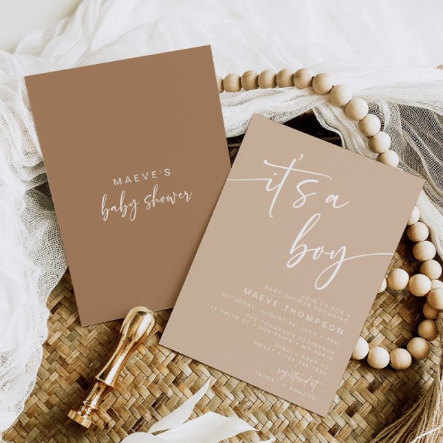 Taupe Baby Shower Invitation Modern Its a Boy Tan (Creator Uploaded)