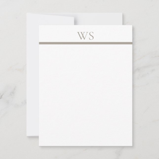 Taupe Bar Monogram Personalised Flat Note Card (Front)