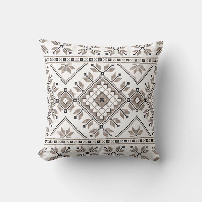 Taupe Beige Aztec Tribal Ethnic Geometric Pattern Cushion (Front)
