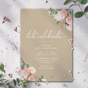 Taupe Beige & Blush Pink   Modern Floral Birthday Invitation