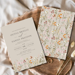 Taupe Beige Boho Wildflower Garden Wedding Invitation