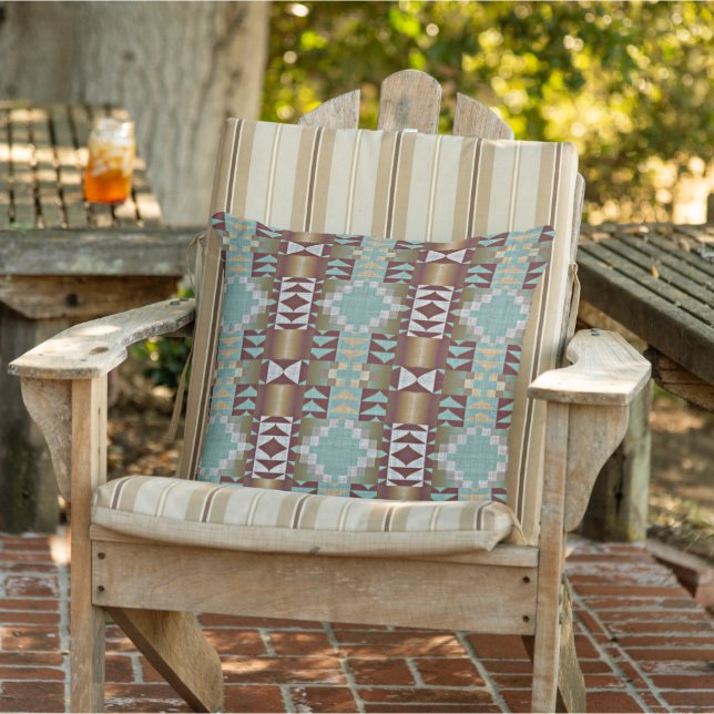 Taupe Beige Brown Aqua Turquoise Blue Tribal Art Cushion (Chair)