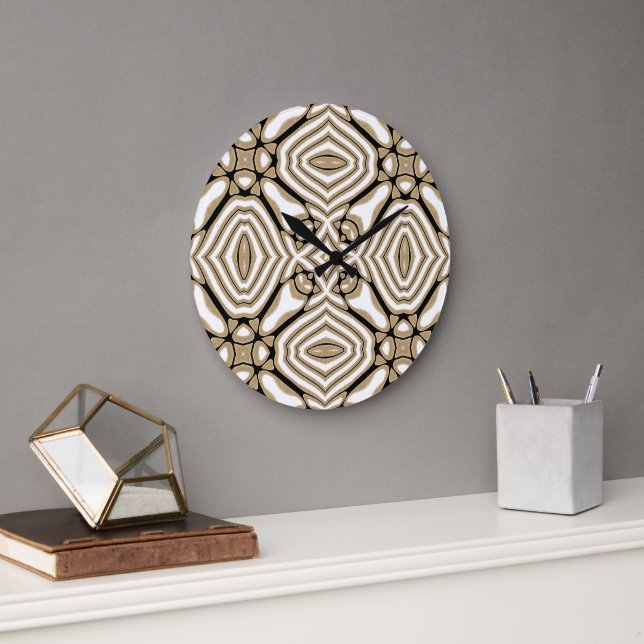 Taupe Beige Brown Black White Bohemian Art Motif Large Clock (Office)