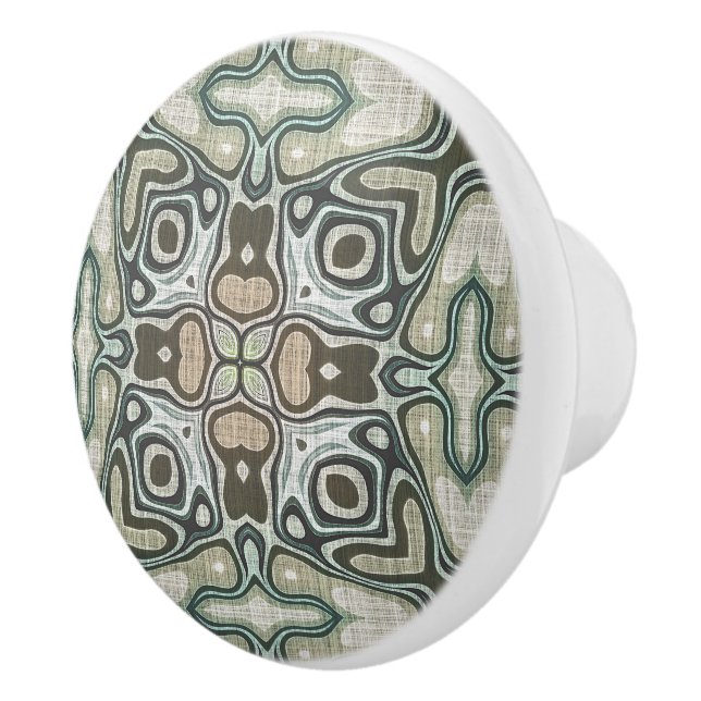 Taupe Beige Brown Green Hip Ornate Art Motif Ceramic Knob (Right)