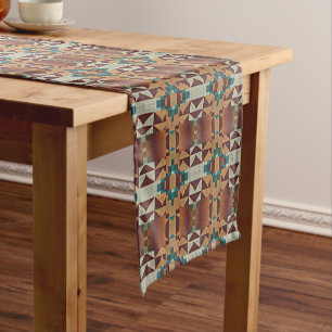 Taupe Beige Brown Teal Blue Green Tribal Art Short Table Runner