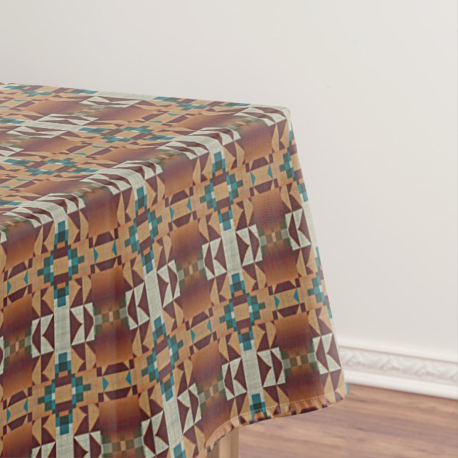 Taupe Beige Brown Teal Blue Green Tribal Art Tablecloth (In Situ)
