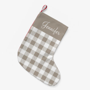 Taupe Beige Buffalo Plaid Pattern Name Farmhouse Small Christmas Stocking