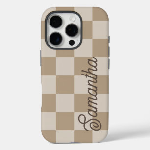 Taupe Beige Checkers Script Name iPhone 16 Pro Case