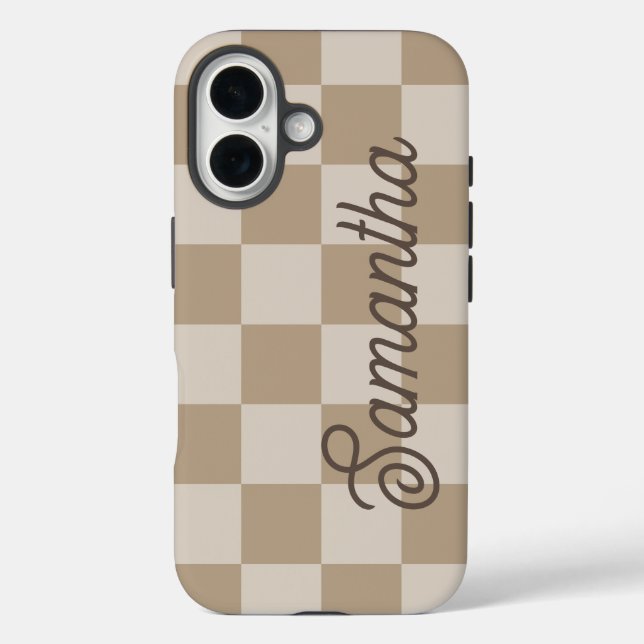 Taupe Beige Checkers Script Name Case-Mate iPhone Case (Back)