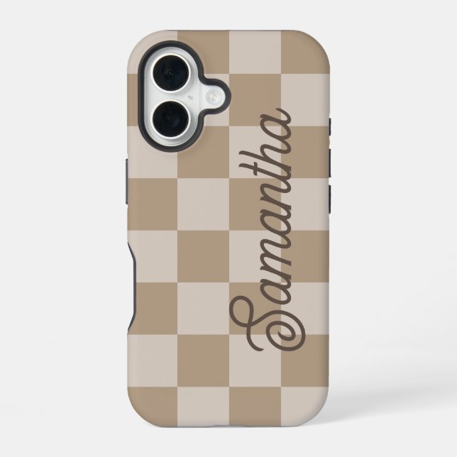Taupe Beige Checkers Script Name iPhone 16 Case (Back)