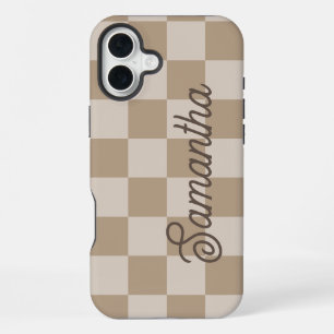 Taupe Beige Checkers Script Name iPhone 16 Plus Case