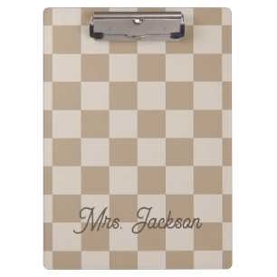 Taupe Beige Checkers Script Name Personalised Clipboard