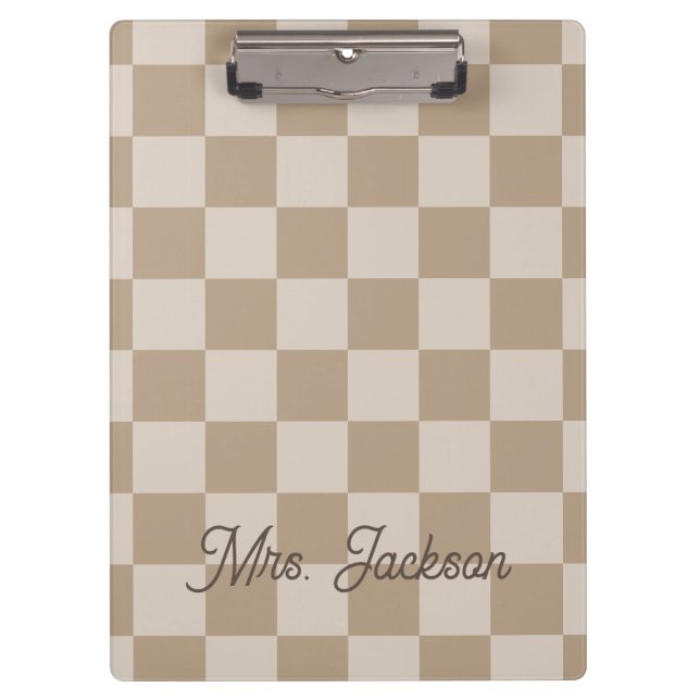 Taupe Beige Checkers Script Name Personalised Clipboard (Front)
