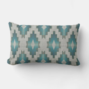 Taupe Beige Grey Light Teal Blue Tribal Art Lumbar Cushion