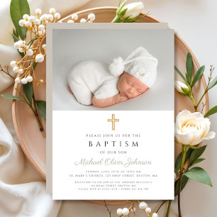 Taupe Beige Modern Religious Cross Photo Baptism Invitation