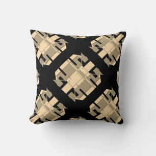Taupe Beige on Black Geometric Diagonal Motif Cushion