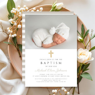 Taupe Beige Stripes Religious Cross Photo Baptism Invitation