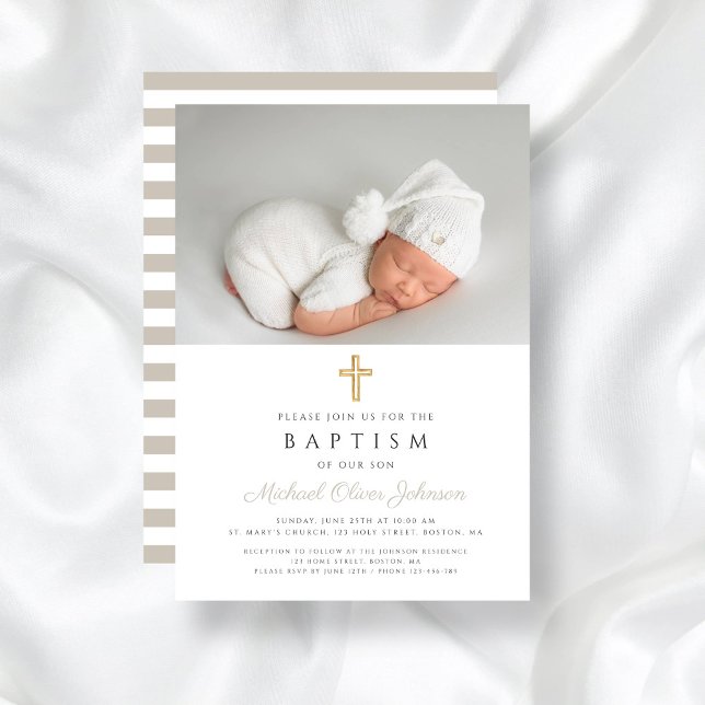 Taupe Beige Stripes Religious Cross Photo Baptism Invitation (Taupe Beige Stripes Religious Cross Photo Baptism Invitation)
