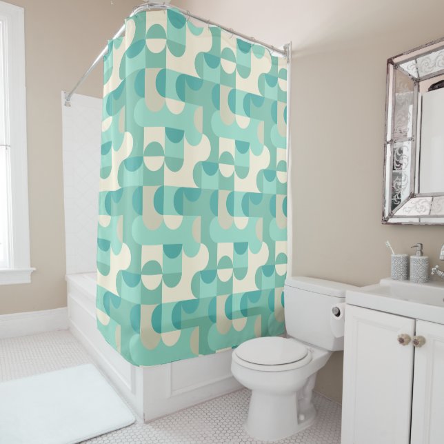 Taupe Beige Teal Blue Mint Green Circles Pattern Shower Curtain (In Situ)