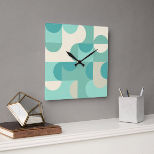 Taupe Beige Teal Blue Mint Green Circles Pattern Square Wall Clock