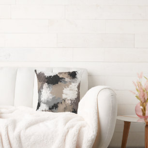 Taupe Black Grey White Abstract Brushstrokes Cushion