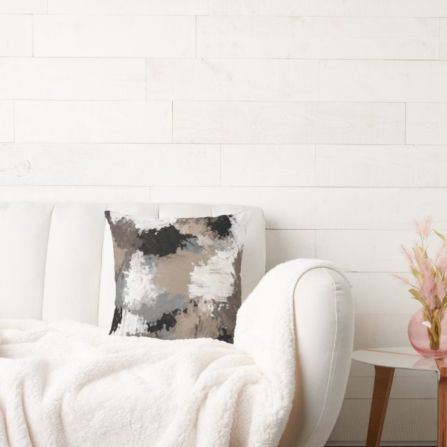 Taupe Black Grey White Abstract Brushstrokes Cushion (Couch)