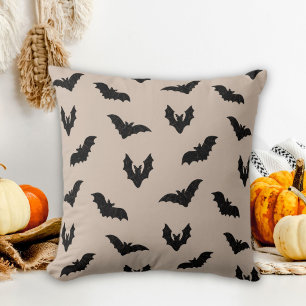 Taupe Black Spooky Bats Haunted Vintage Halloween Cushion