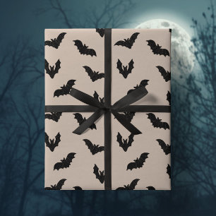 Taupe Black Spooky Bats Haunted Vintage Halloween Wrapping Paper
