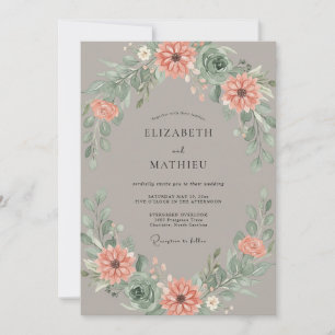 Taupe Blush Peach Wreath Wedding Invitation